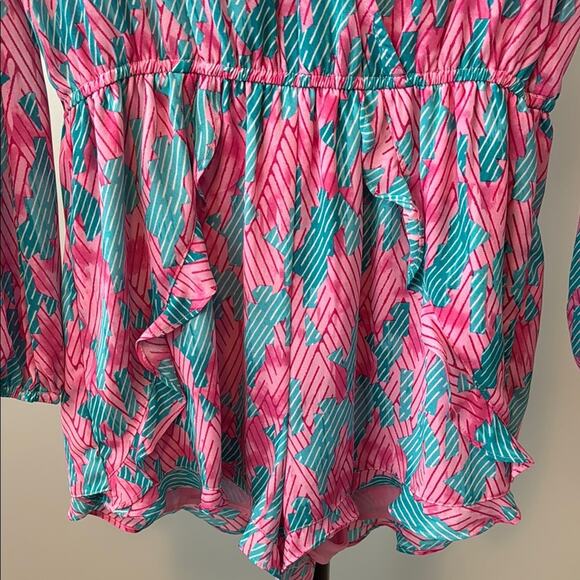 Buddy Love Blue Pink Long Sleeve Shorts V-Neck Romper Women's Large - Picture 5 of 7